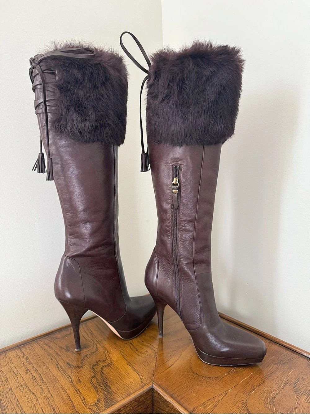 Via Spiga Vintage Brown Fur Cuff Knee High Heeled Boots US 6 M